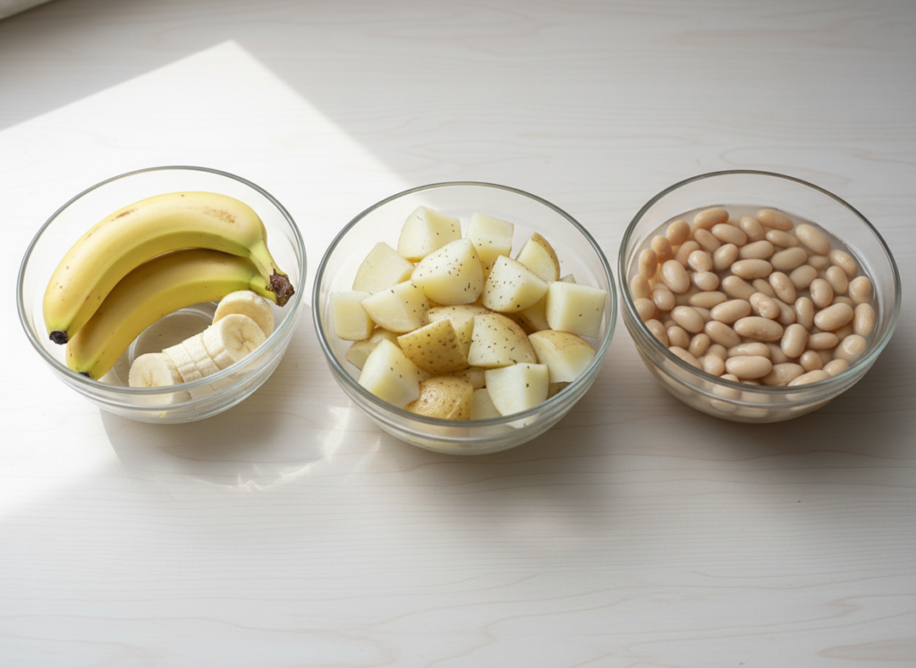 cooked and cooled potatoes, green bananas, and legumes rich in resistant starch