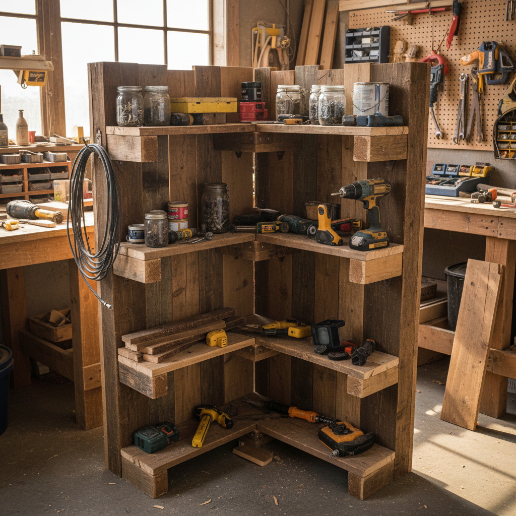 corner shelf storage unit made from scrap wood
