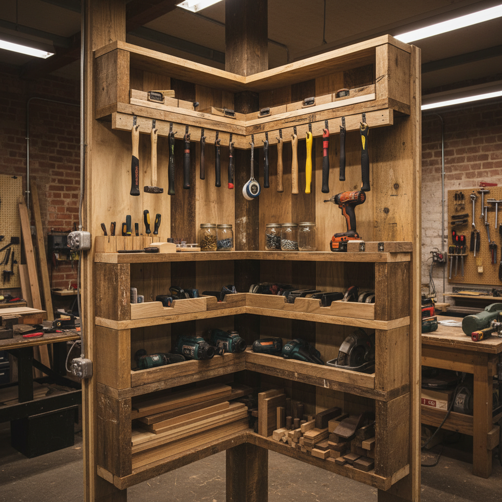 corner workshop storage solution with angled shelves corner workshop storage solution with angled shelves