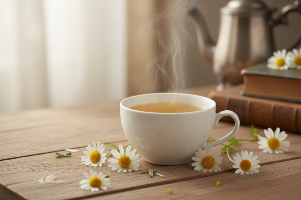cup of chamomile tea with fresh chamomile flowers