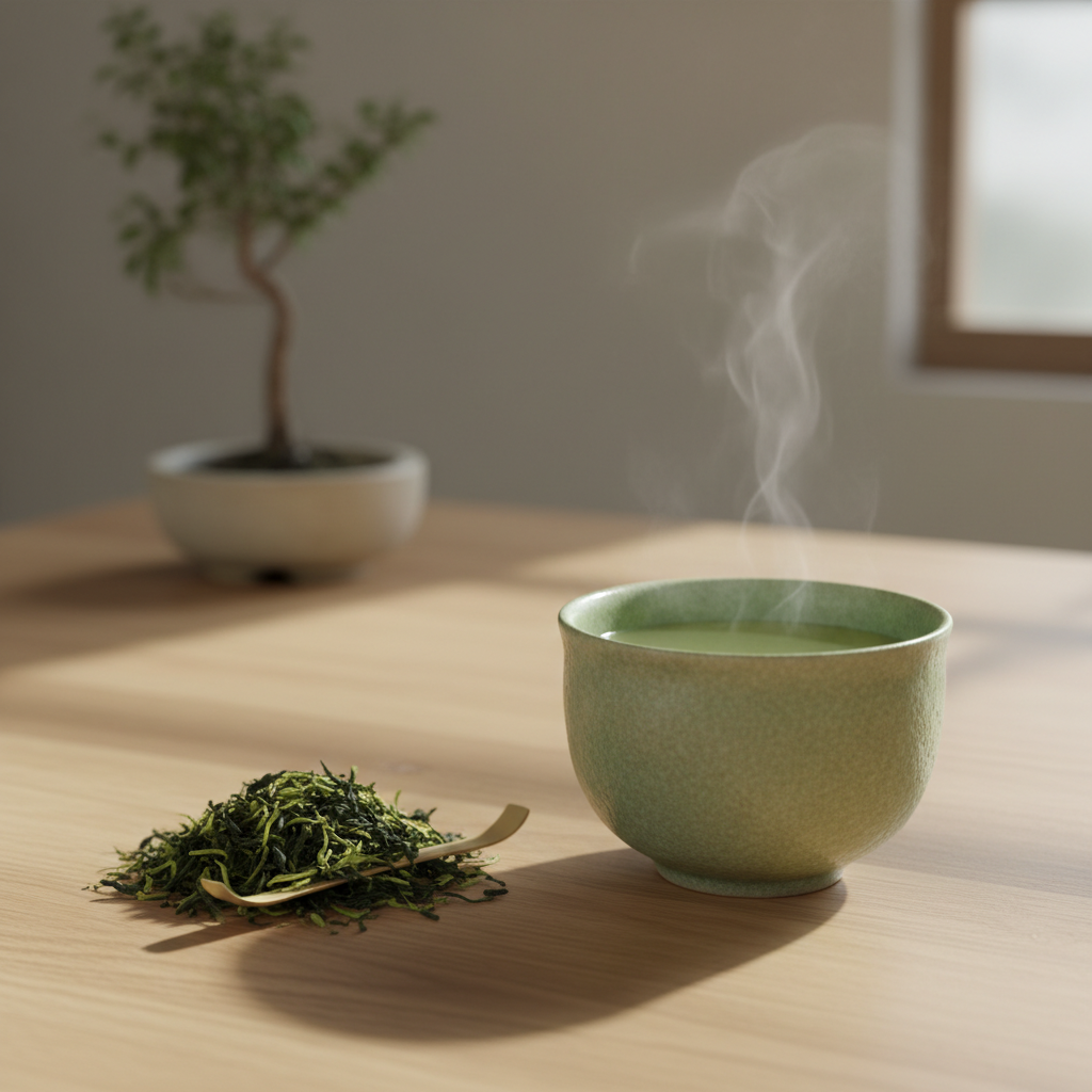 cup of green tea with tea leaves on a peaceful setting cup of green tea with tea leaves on a peaceful setting