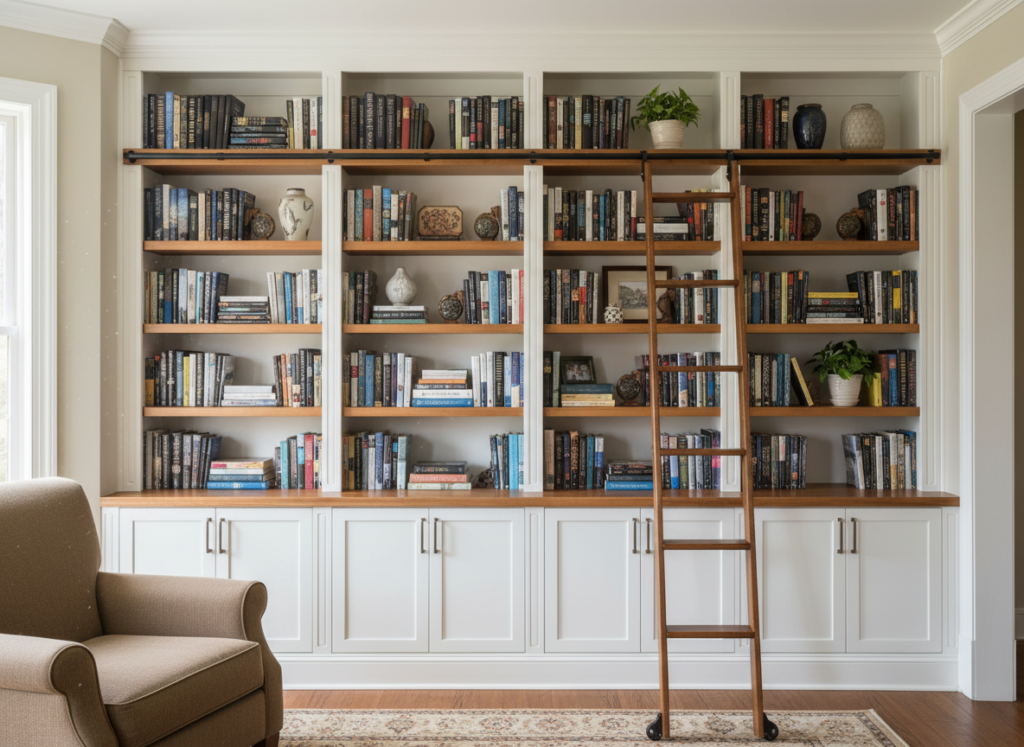 custom built-in shelving unit with cabinet base