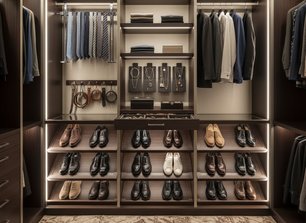 custom closet features including jewelry drawer and pull-out accessories organizer