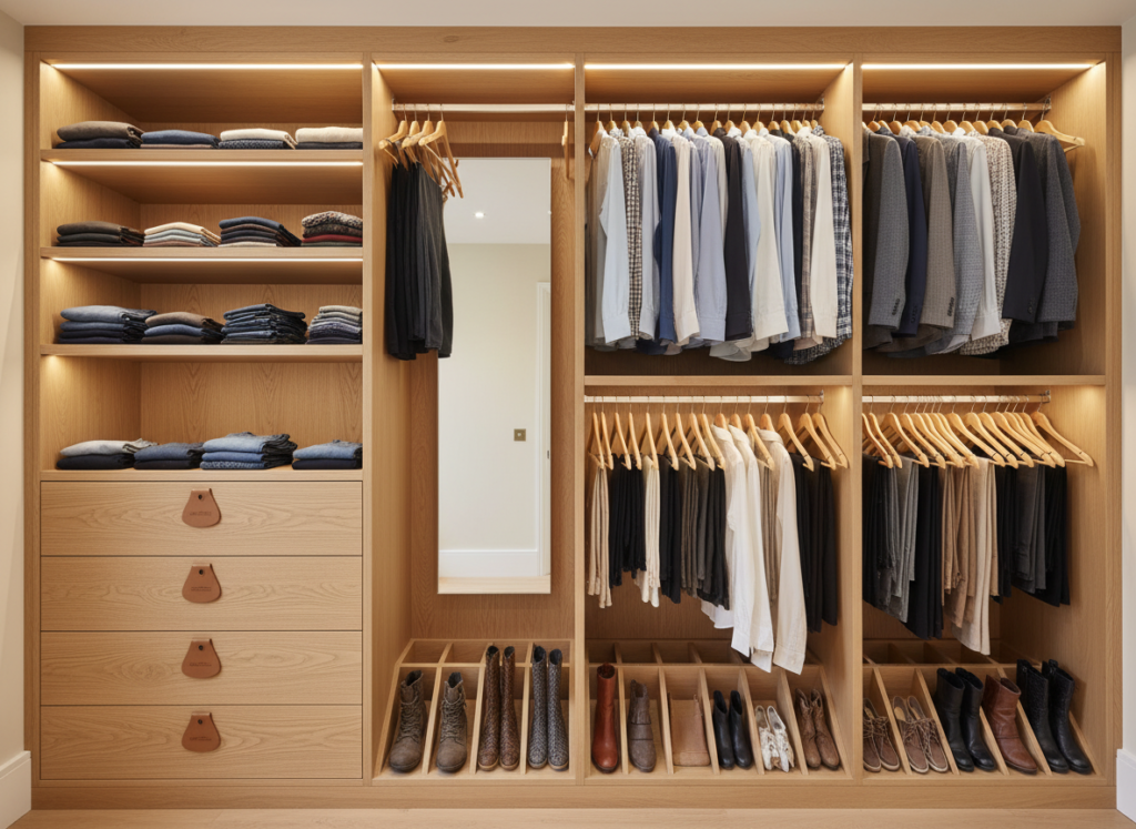 custom closet organization system with shelves and drawers