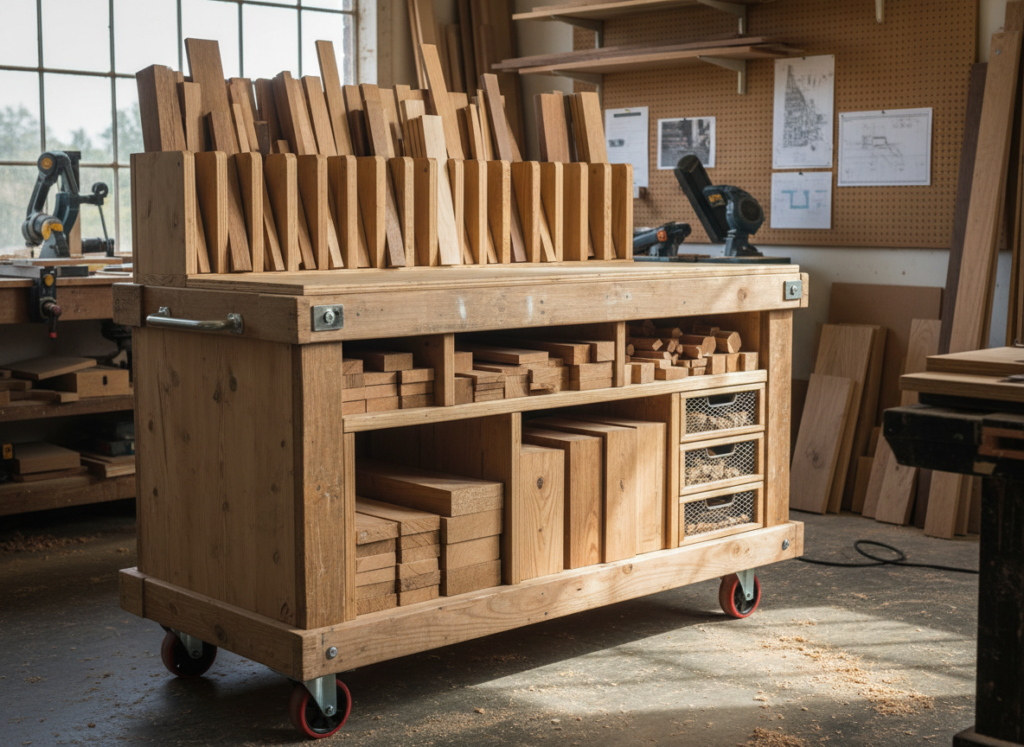 custom wooden storage cart filled with organized scrap wood pieces