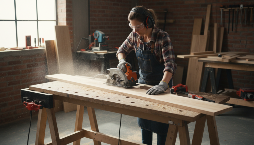cutting wood with circular saw on workbench