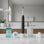 daily oral care routine for healthy teeth with toothbrush and dental products