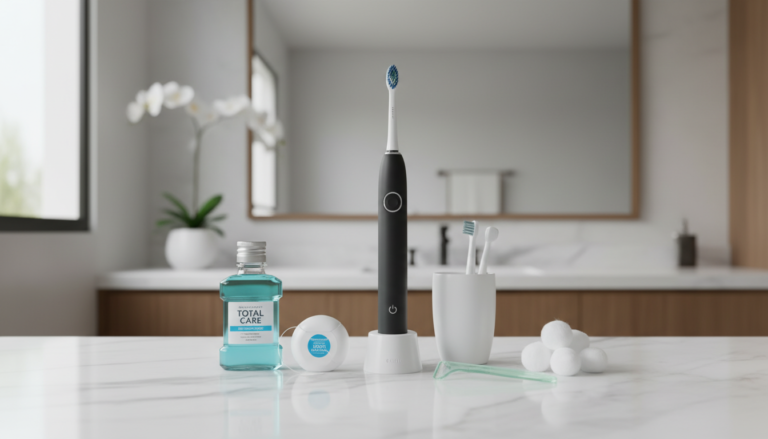 daily oral care routine for healthy teeth with toothbrush and dental products