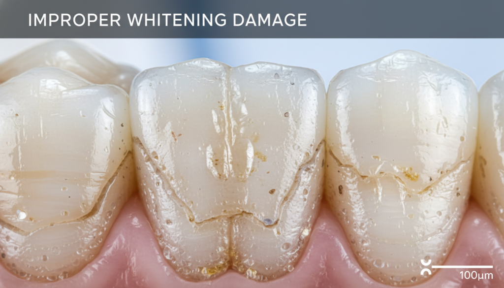 damaged tooth enamel under magnification showing improper whitening technique effects