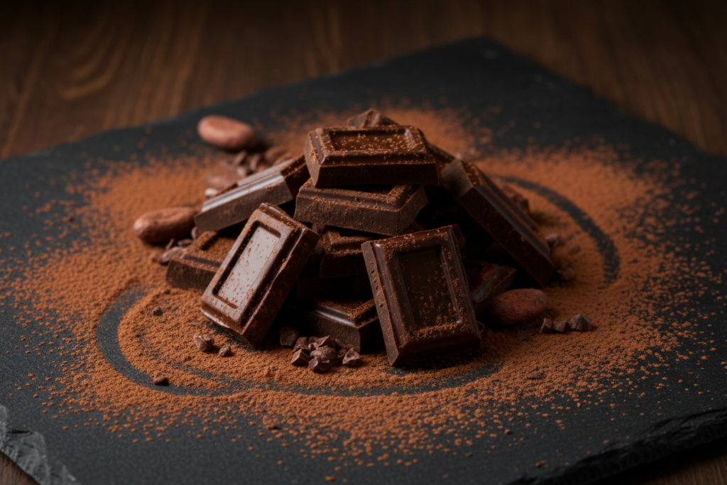 dark chocolate pieces with cocoa powder