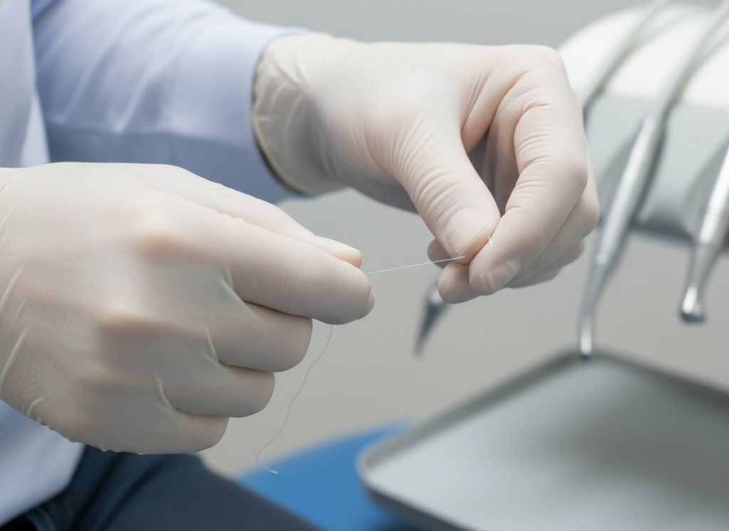dental floss being used between teeth showing proper flossing technique