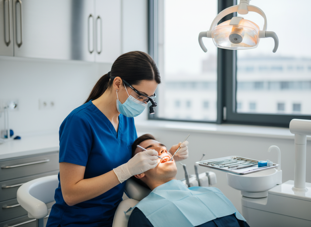 dental professional examining patient's teeth showing professional oral care