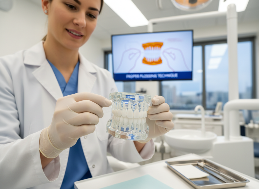 dentist demonstrating proper flossing technique to patient