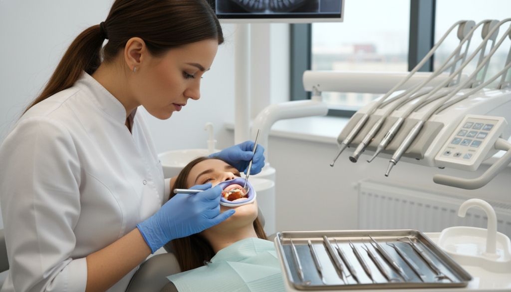 dentist examining patient teeth for brown stains and discoloration treatment