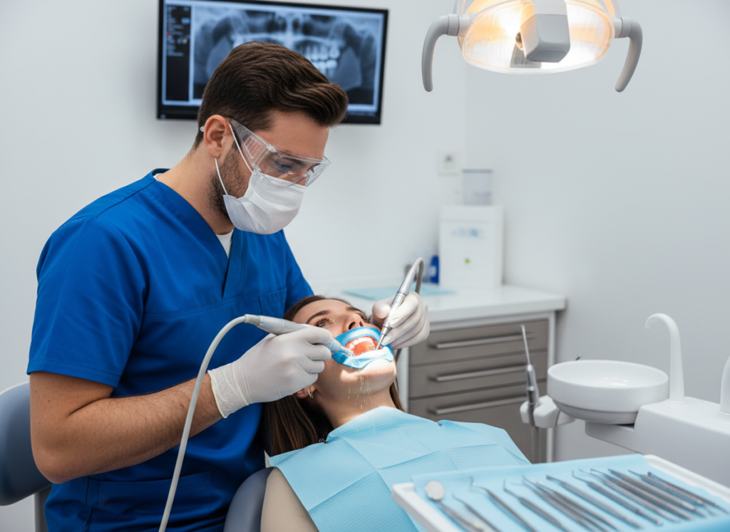 dentist performing professional dental cleaning procedure