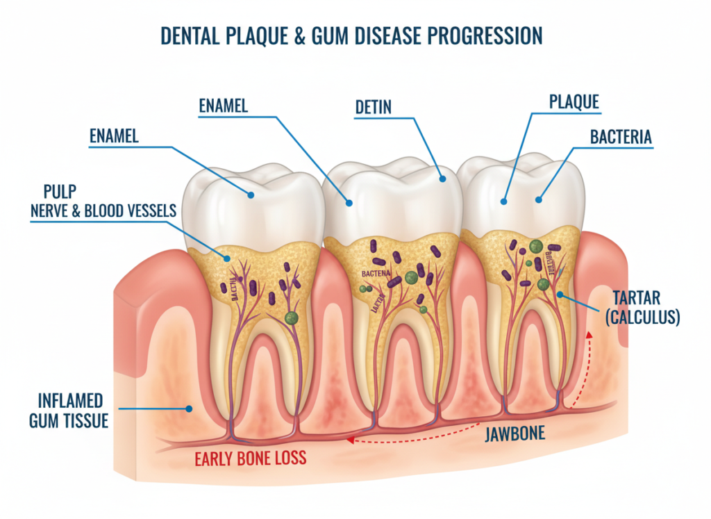 detailed diagram showing oral health threats including plaque buildup and gum disease