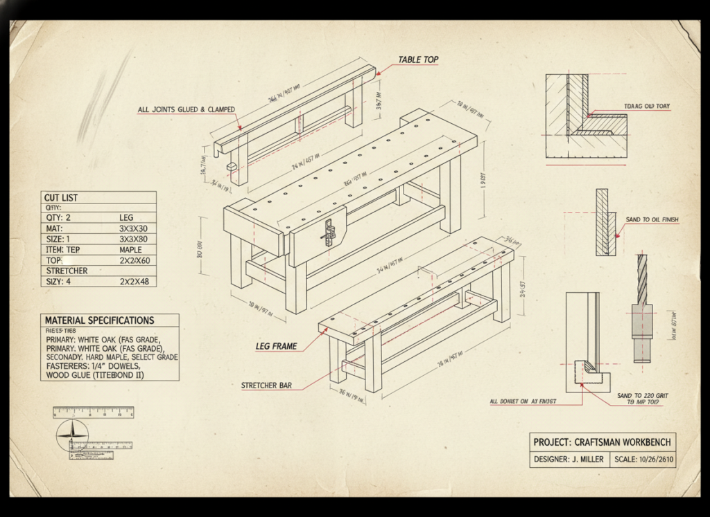 detailed woodworking plan showing measurements and cut list