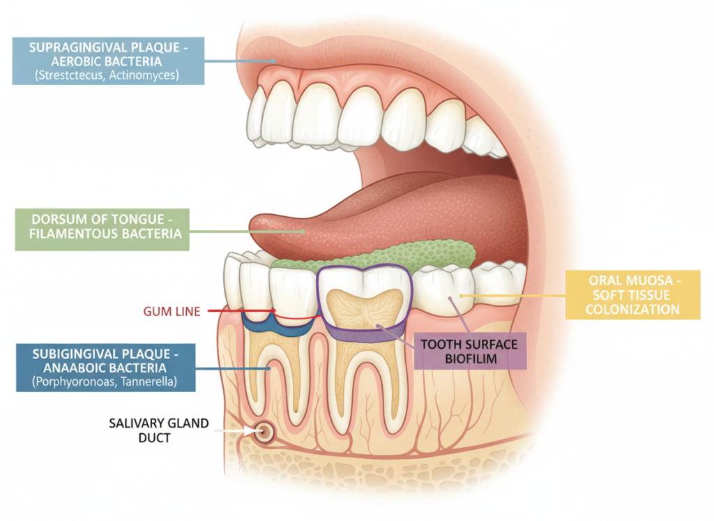 diagram showing different bacterial habitats in the oral cavity