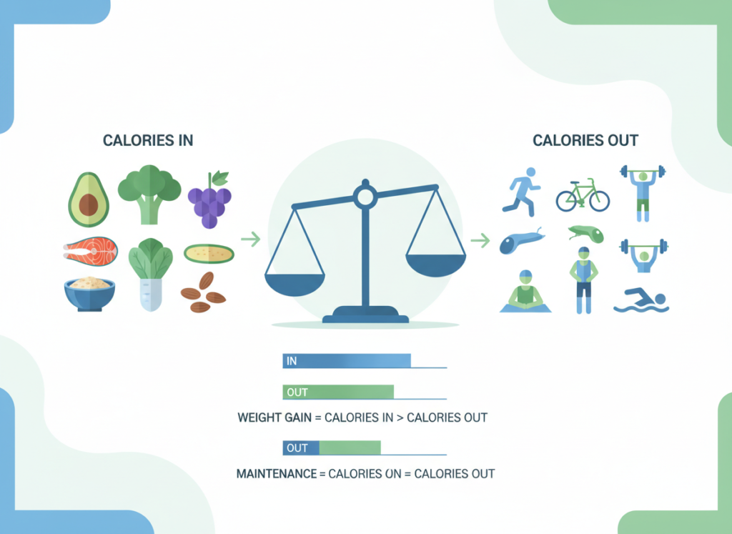 diagram showing metabolism and calorie balance concept with healthy foods