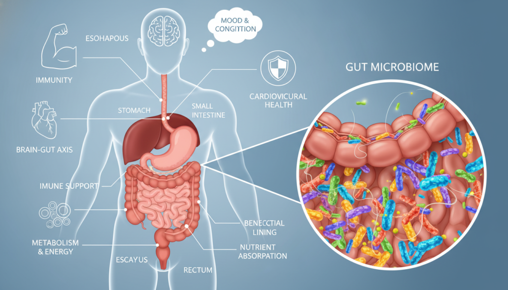 diagram showing the gut microbiome and digestive system health
