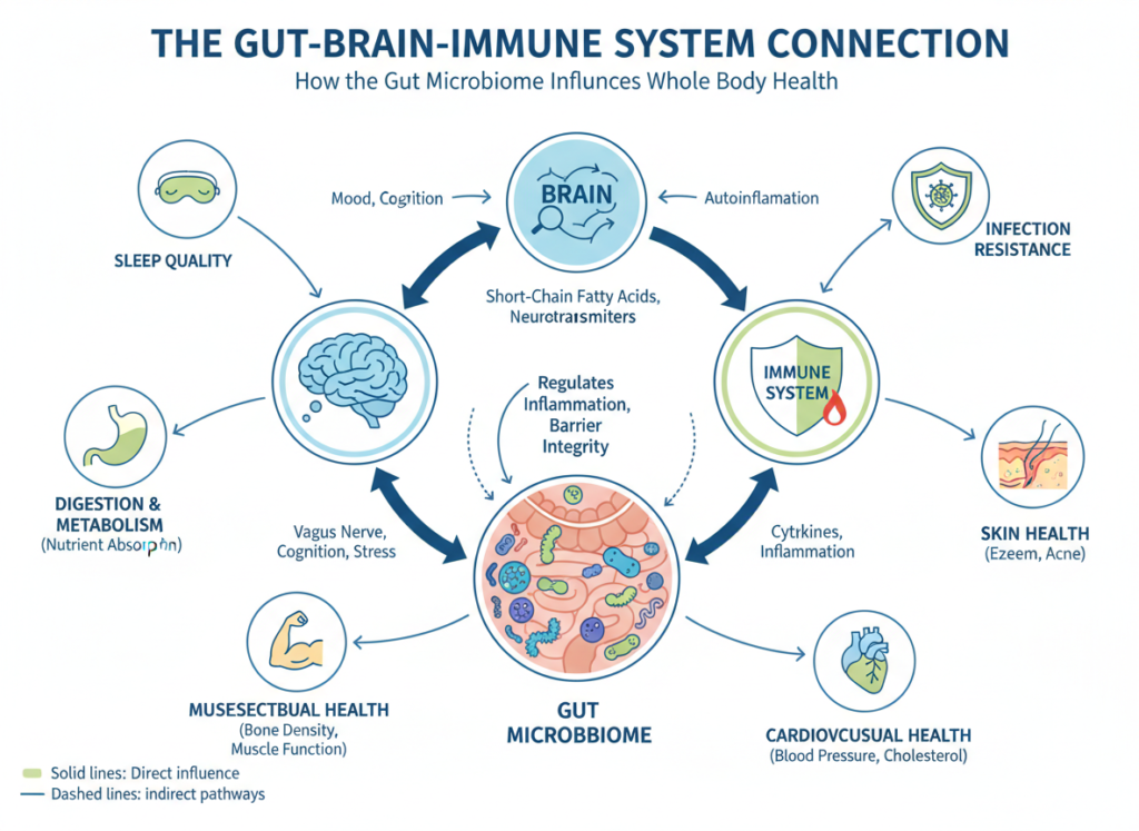 diagram showing the relationship between gut bacteria and overall health including immune system and brain