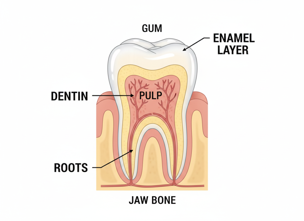 diagram showing tooth anatomy with enamel dentin and pulp layers