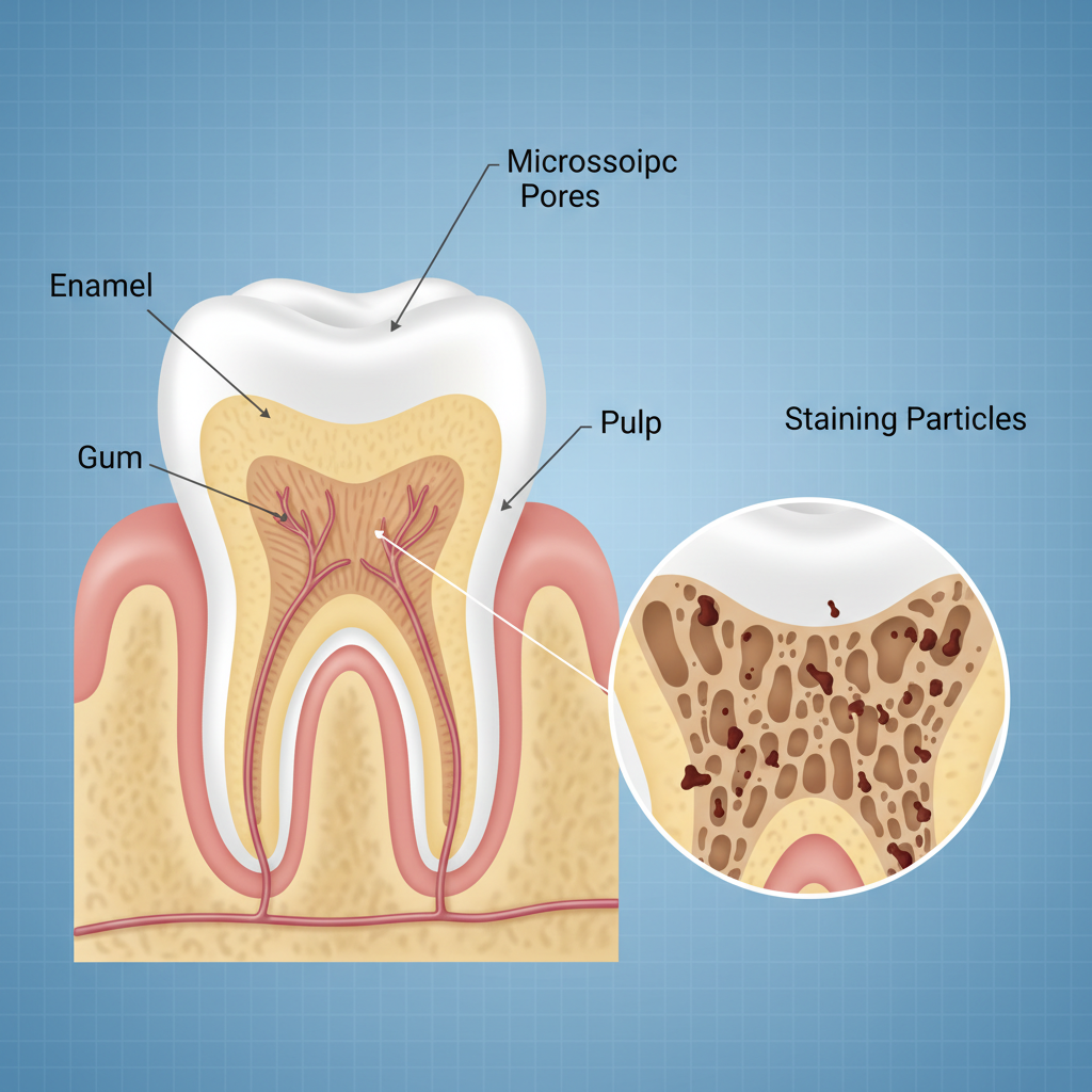 diagram showing tooth enamel structure and how brown stains penetrate surface