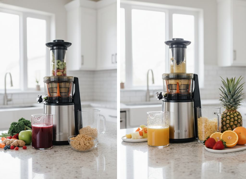 different types of juicers including masticating and centrifugal juicer on kitchen counter different types of juicers including masticating and centrifugal juicer on kitchen counter