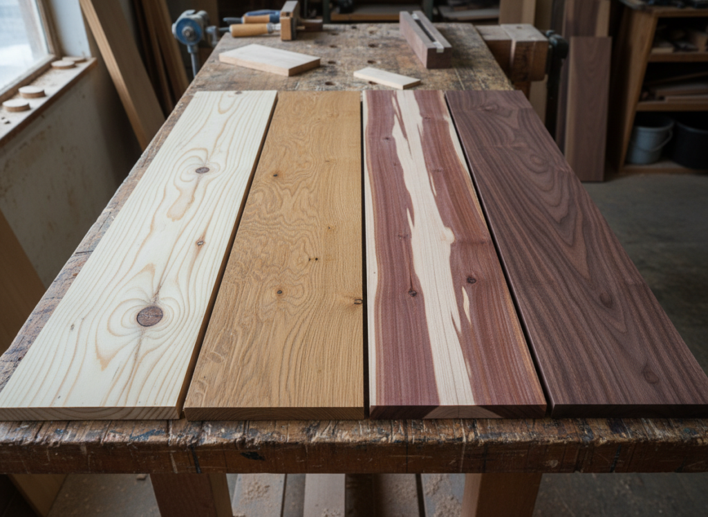 different types of wood boards showing grain patterns and colors