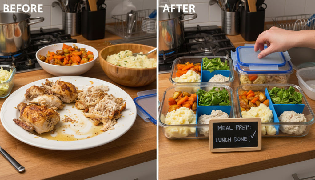 dinner leftovers transformed into lunch portions