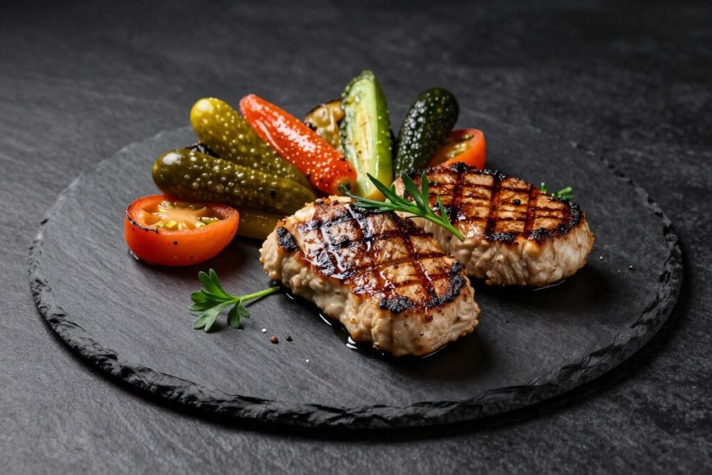 dinner plate with tempeh and fermented vegetables