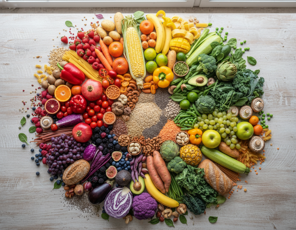 diverse colorful plant foods representing microbiome diversity and resilience