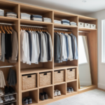 diy closet organizer wood installed in bedroom closet with shelves and hanging rods