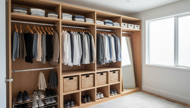 diy closet organizer wood installed in bedroom closet with shelves and hanging rods