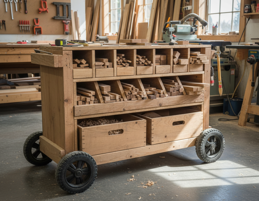diy rolling cart with compartments for organizing scrap wood by size diy rolling cart with compartments for organizing scrap wood by size