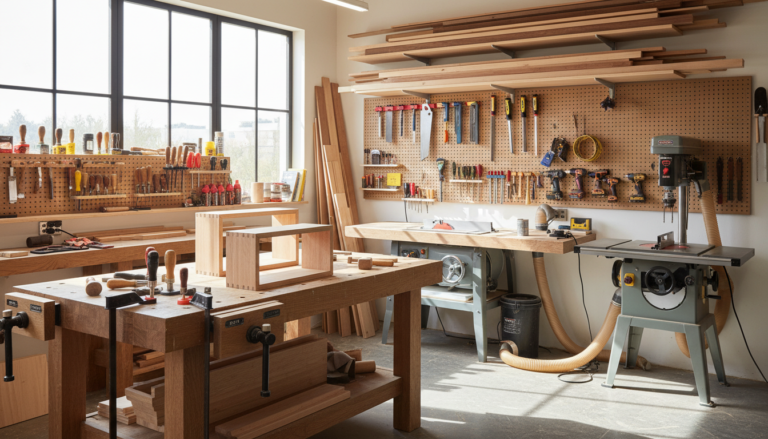 diy shelves woodworking workshop with tools and lumber