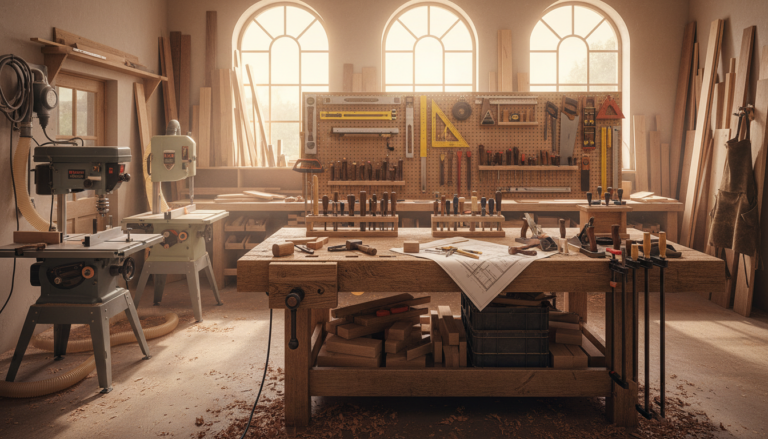 diy table plans workspace with tools and lumber