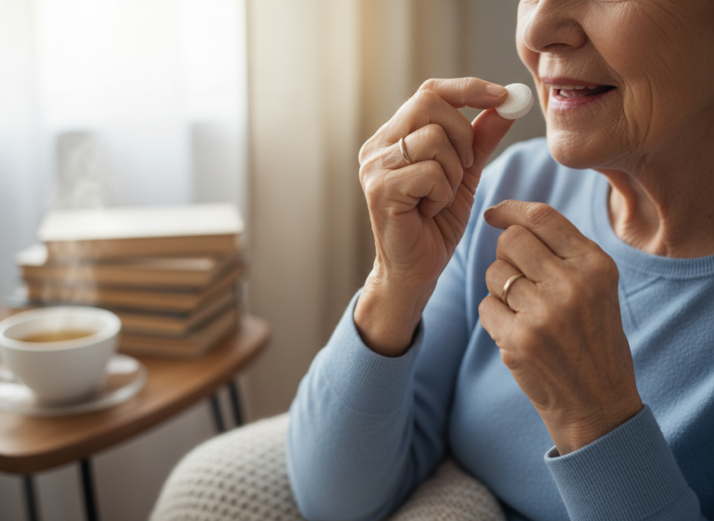 elderly person taking oral probiotic supplement