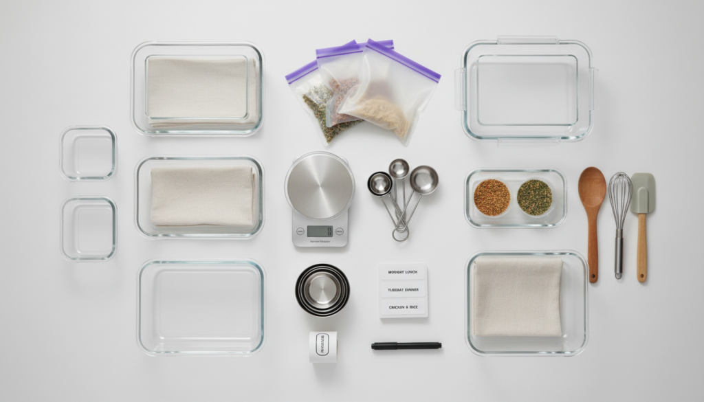 essential meal prep containers and kitchen tools