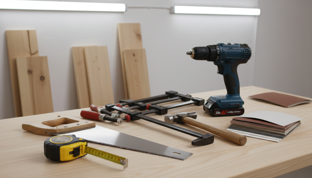 essential woodworking tools arranged on workbench for home projects essential woodworking tools arranged on workbench for home projects