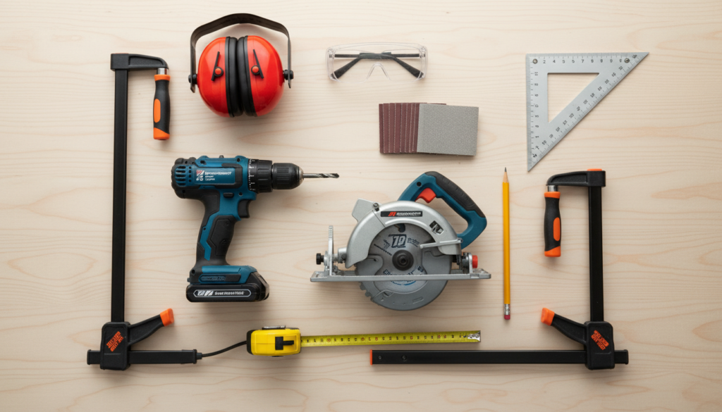 essential woodworking tools for beginners laid out on workbench