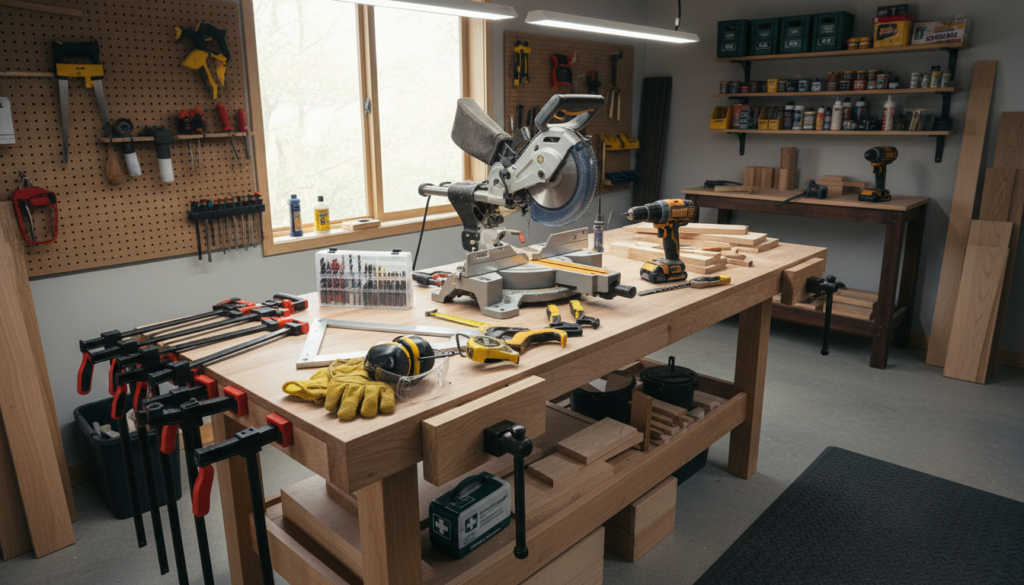 essential woodworking tools organized on workbench