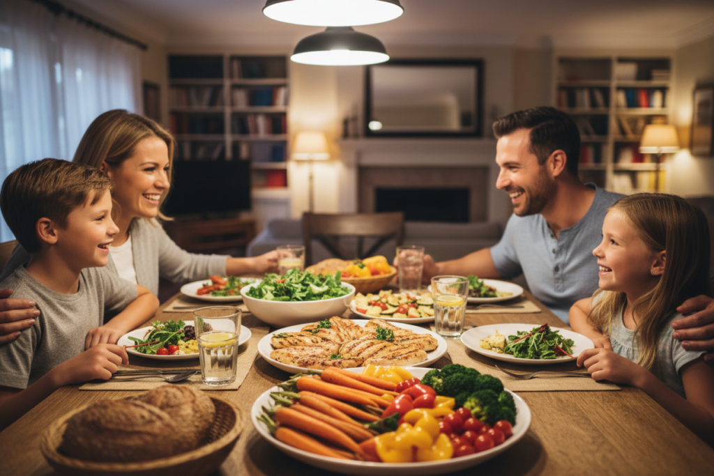 family dinner with healthy foods