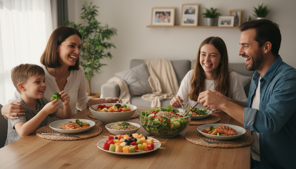 family enjoying healthy dinner together family enjoying healthy dinner together