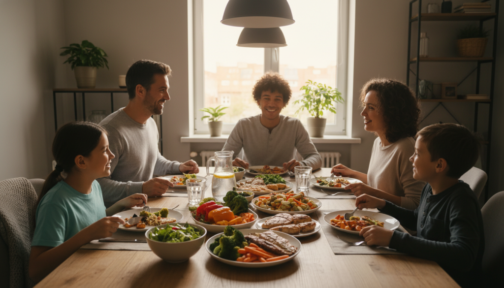 family enjoying healthy meal together at dinner table