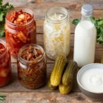fermented foods for gut health including colorful jars of kimchi, sauerkraut, and kefir