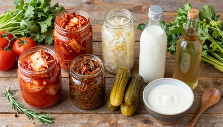 fermented foods for gut health including colorful jars of kimchi, sauerkraut, and kefir