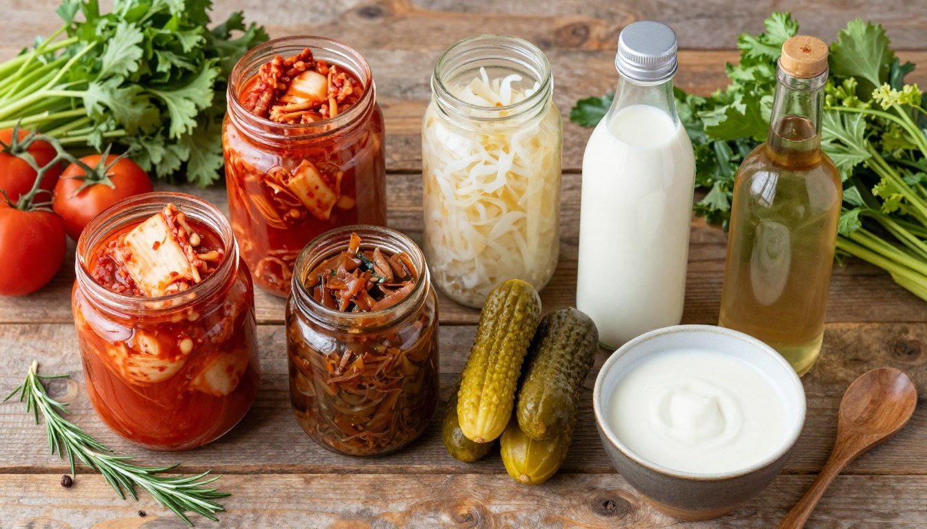 fermented foods for gut health including colorful jars of kimchi, sauerkraut, and kefir