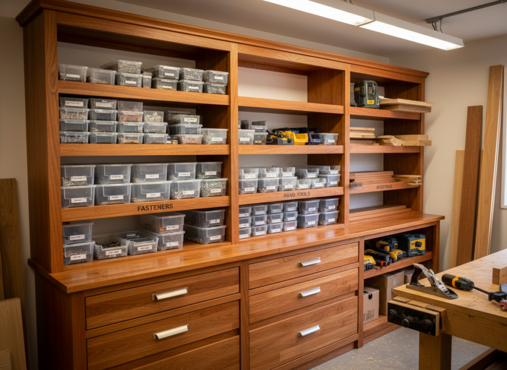 finished wood storage unit with protective coating in workshop finished wood storage unit with protective coating in workshop
