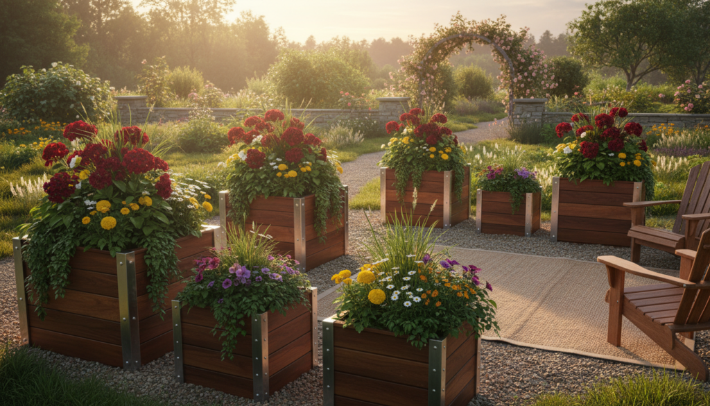 finished wooden planter boxes displayed in beautiful garden arrangement